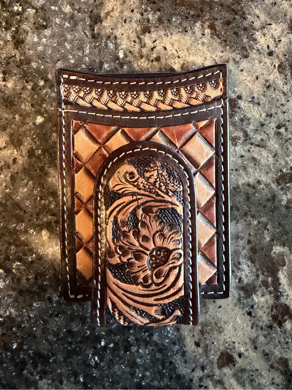 Hand-Tooled Floral Leather Money Clip - Brown/Chestnut